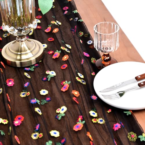 Joanlody 3pcs Black Embroidery Daisy Spring Summer Table Runner 10ft Florals Seasonal Tulle Table Runner for Home Garden Tea Party Holiday Birthday Decoration - color: Black, size: 10ft x 3pack