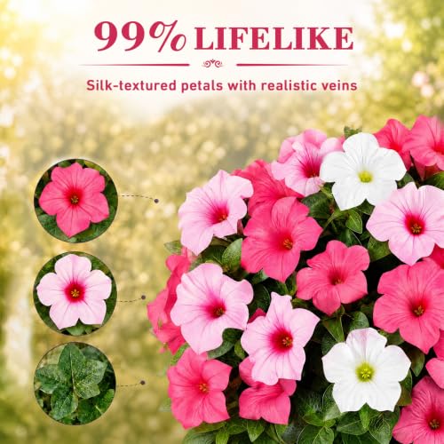 6Pcs Artificial Flowers for Outdoors, Fake Petunias Morning Glory Silk Flower UV Resistant, Faux Flowers for Outdoor Planters, Realistic Flora for Window Box Garden Porch Decor (DoublePink-Petunia) - color: Doublepink-petunia