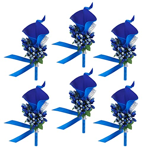Ciandid Calla Lily Boutonnieres Set of 6, Groom Groomsman Best Man Boutonniere, Bride Bridesmaid Brooch Corsage, Handmade Flower for Wedding Ceremony Anniversary (Calla Lily-Klein Blue, 6pcs) - color: Klein Blue