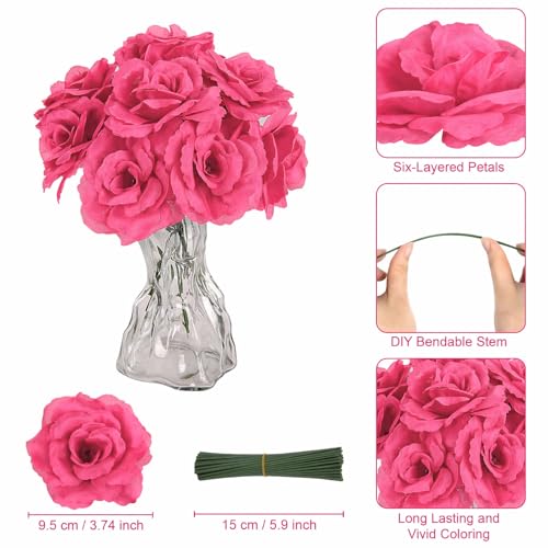 Hot Pink Rose Head Flowers with Long Stem, 108pcs Fuchsia Rose Artificial Flowers Bulk,Silk Rose Fake Flower for Wedding Bouquet Party Home DIY Baby Shower Centerpieces Tables Arrangement Decoration - color: Deep Pink