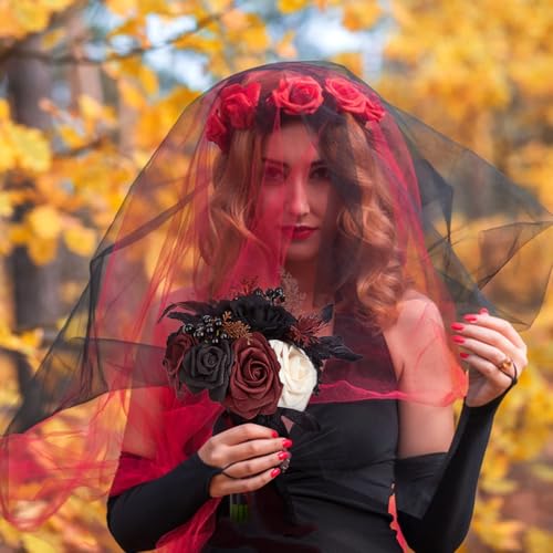 Wedding Bouquets for Bride and Bridesmaid - Black and Burgundy Gothic Bridal Flowers, Artificial Rose Bouquet - color: Red Black Rose