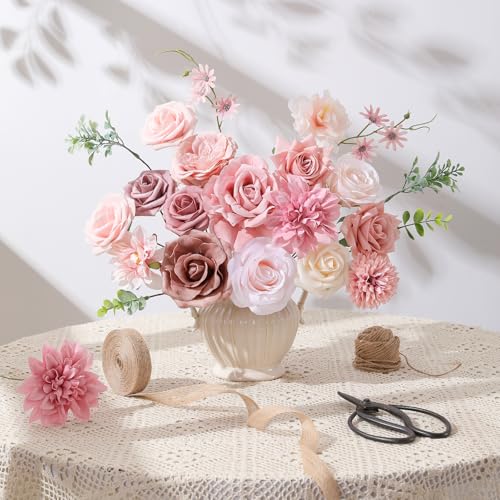 Floweroyal Artificial Flowers Fake Rose Flowers Dahlia with Stems for DIY Wedding Bridal Bouquets, Baby Shower, Floral Arrangement, Table Centerpieces, Home Decorations - color: A Classic Dusty Rose & Dahlia