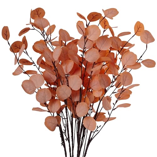 7PCS Long Artificial Eucalyptus Stems 35.4" Tall Fake Branches With Silk Apple Leaves Faux Fall Orange Plants Bouquet Flowers Arrangements Accessories For Home Fireplace Table Vase Decorations - color: Orange