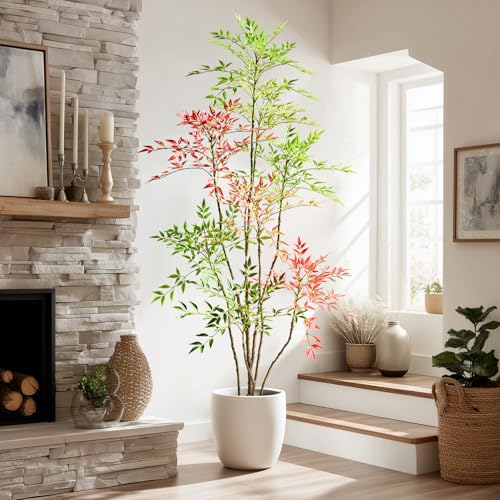 Tall Fake Bamboo Tree Large Artificial Nandina Trees Indoor Outdoor Realistic Floor Plant Faux Plastic Plants Flowers for House Home Living Room Bedroom Office Front Porch Modern Farmhouse Decor - color: Multicolor, size: 6ft 7in