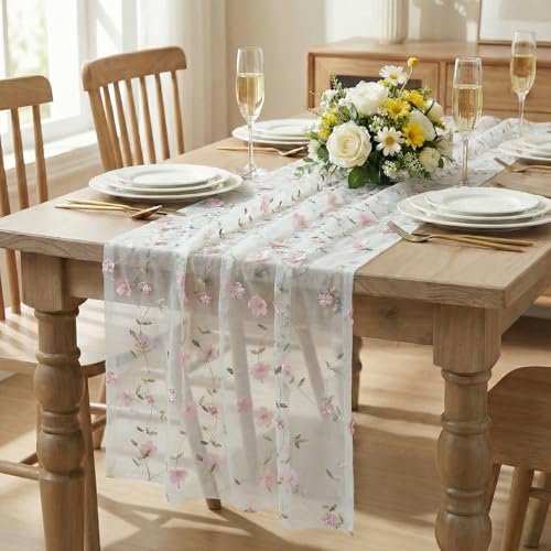 Artoid Mode Pink 3D Flower Gauze Embroidery Table Runner 120 Inch 10FT, Tulle Seasonal Spring Kitchen Dining Holiday Table Decor for Home Party - color: White-pink