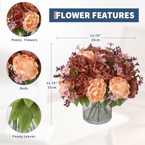 Mixed Peonies Artificial Flowers in Glass Vase, Silk Faux Peony Bouquet with Faux Water, Lifelike Fake Flower Arrangement for Home Decor, Wedding Bouquet, Table Centerpiece, Living Room Office - color: Coffee