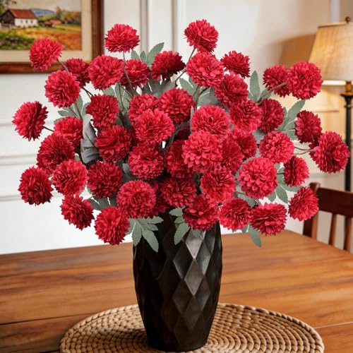 INQCMY Artificial Flowers 12 Pcs Fake Chrysanthemums Faux Kiku Flower Long Stem 20" Realistic Silk Pompon Mums for Vase Wedding Bouquets Centerpieces Home Decor (Red) - color: Red