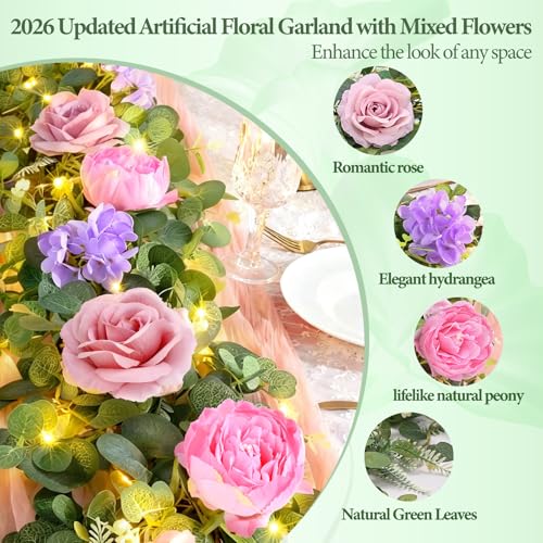 Livole 2Pcs 12 FT Artificial Flower Garland with Lights Pink Fake Roses Peony Floral Garland with Eucalyptus Flower Hanging Vine for Wedding Arch Table Centerpieces Backdrop Party Home Decor - color: Pink With Light, size: 2 Pcs