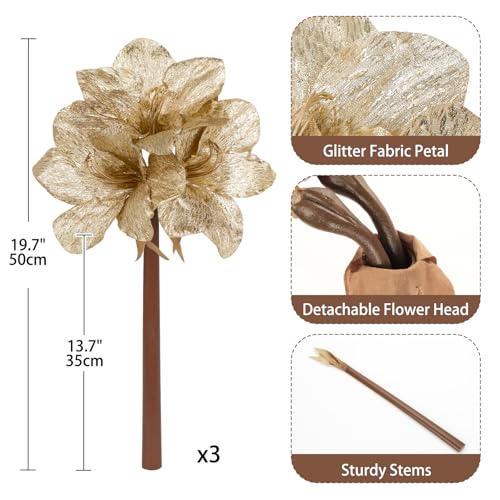 Briful Amaryllis Artificial Christmas Flower Stems, 19.7" Champagne Glitter Faux Amaryllis with Detachable Heads for Xmas Home Party Wedding Bouquet Vase Arrangement Decor - color: Champagne