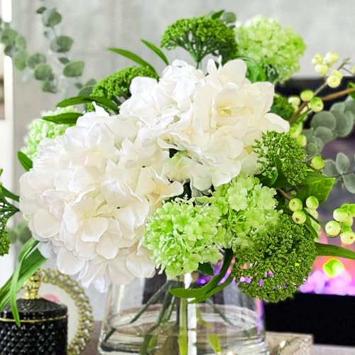 Coferset 5pcs Hydrangea Artificial Flowers Real Touch 20 inch Lifelike Hydrangea Flower for Home Wedding Office Party Living Room Decoration (Dark Green) - color: Dark Green