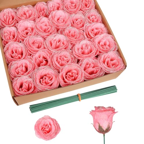 30PCS Glitter Roses Fake Peach Flowers Artificial Roses with Stems for Wedding Bouquet Party Christmas Home Decor(Peach with Silver Glitter) - color: Peach With Silver Glitter