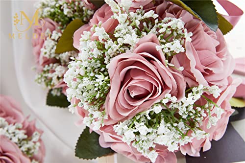 Bridesmaid Bouquets - Set of 4, 6.5 Inch Small Bridesmaid Bouquet Set - Artificial Rose Wedding Flowers - Floral Centerpieces - color: 18020-bean-paste-purple-4pcs