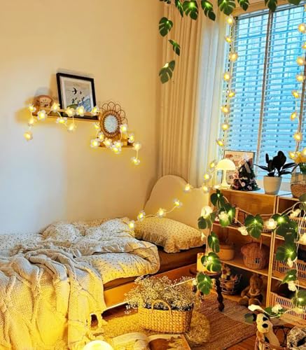 RECUTMS Monstera Leaf String Lights Artificial Foam Plumeria Tropical Palm Leaves Flower 40 LED Battery Operated Fairy Light Hawaiian Luau Beach Party Summer Decorations Outdoor Indoor(White+Green) - color: Green+white