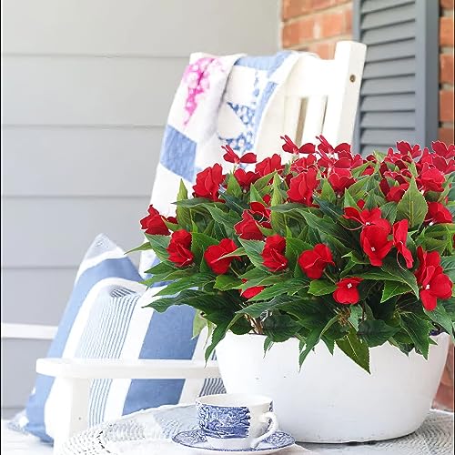2 Pcs Artificial Impatiens Flowers for Outdoors Faux Impatiens Bushes Red Silk Flowers Greenery Faux Flowers for Outdoor Planters Patio Lawn Garden Balcony Pot Hanging Basket Porch Decoration - color: Red