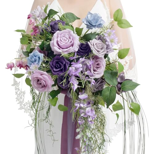 Ling's moment Purple Blue Wedding Bouquets for Bride, Lilac Bridal Bouquets for Bride, 13 Inch Free Form Artificial Wedding Flower Bouquet - color: Lilac & Gold, size: Small 13 Inch
