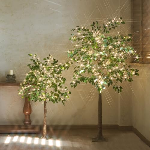 LITBLOOM Lighted Ficus Tree 6FT 264 LED Fairy Lights, Artificial Greenery Tree with Lights for Home Fireplace Living Room Decoration Inside - size: 6ft