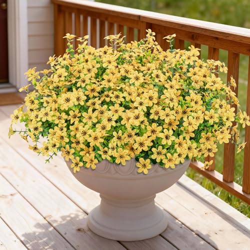 Bassion 20 Bundles Artificial Flowers for Outdoors Decorations, UV Resistant Faux Plants Fake Silk Flowers for Outside Daisy Hanging Planters Window Box Front Door Porch Patio Yard Home Decor - color: Yellow