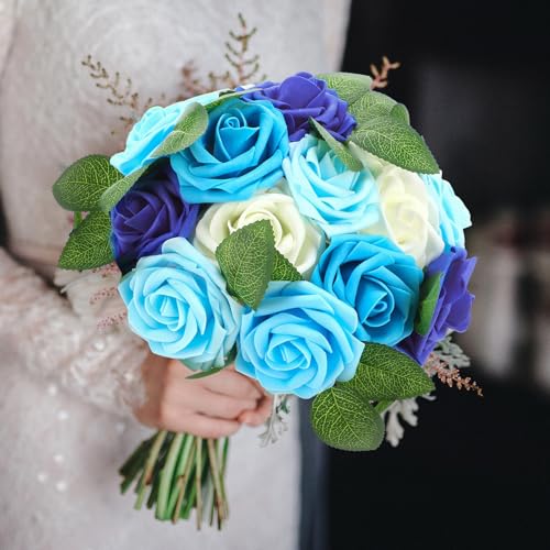 50 Pcs Artificial Foam Rose Flower Faux Bouquet Wedding Fake Rose Gift for Mother's Day Women DIY Bridal Shower Party Table Birthday Home Spring Decor (Gradient Blue) - color: Gradient Blue