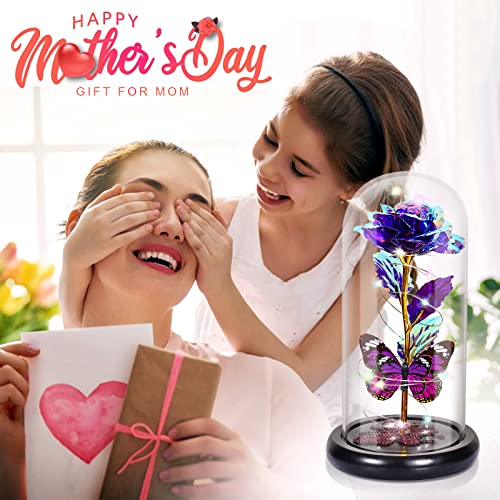 Mothers Day Birthday Gift for Mom from Daughter Son Purple Rose Eternal Flower Light Up Rose in Glass Dome with Butterfly, Mother's Flowers Gifts for Mom Women Wife Grandma Delivery Prime - color: Purple a