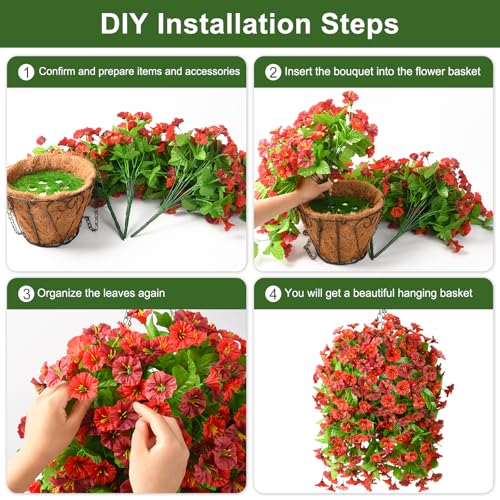 Homsunny Artificial Fake Hanging Flowers Plants Baskets for Outdoor Spring Summer Decorations,Resistant Faux Morning Glory Silk Plants for Outside UV Resistant Patio Yard Home Porch Decor(Red Brown) - color: Red Brown