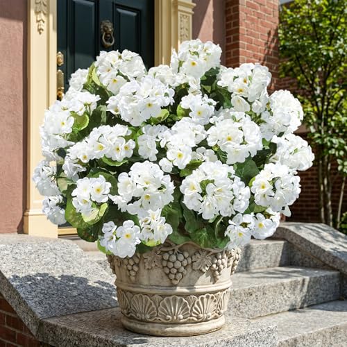 Fake Geraniums Artificial Flowers for Outdoors Outside, 6 Bundles White Silk Geraniums Fake Flowers Plants Realistic UV Resistant Faux Flowers for Outdoor Planters Garden Balcony Yard Porch Indoor - color: White