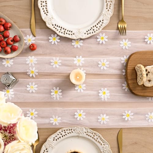 Artoid Mode Light Pink Daisy Gauze Embroidery Table Runner 120 Inch 10FT, Tulle Seasonal Spring Kitchen Dining Holiday Table Decor for Home Party - color: Light Pink