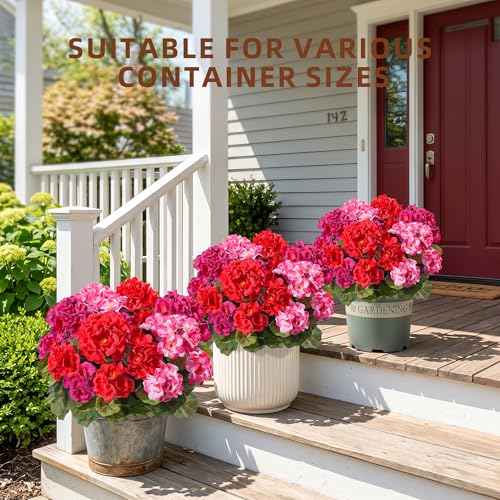Geraniums Artificial Flowers for Outdoors, 2 Pack Potted Plants Faux Geraniums Bush Artificial Topiaries Realistic UV Resistant Fake Flowers Greenery for Outside Gardens Porch Patio Yard Indoor, Mix - color: 4 Red, 4 Fuchsia, 4 Pink