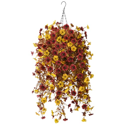 Homsunny Fall Artificial Faux Mums Hanging Flowers Plants Basket for Outdoor Decoration,Fake Silk Daisy planters UV Resistant Look Real for Home Porch Patio Balcony Yard Autumn Decor (Yellow Brown) - color: Yellow Brown