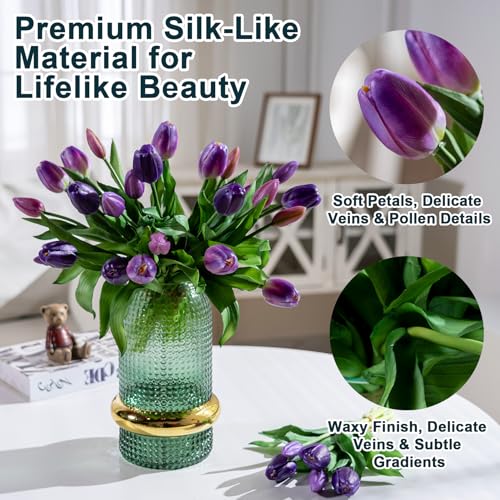 Bailikang 20PCS Fake Tulips 12' Artificial Tulip Silk Flowers Fake PU Bouquet Artificial Flowers Faux Flowers with Gift Box Soft Faux Tulips Bouquets Arrangements for Party Wedding Home - color: Purple+light Purple
