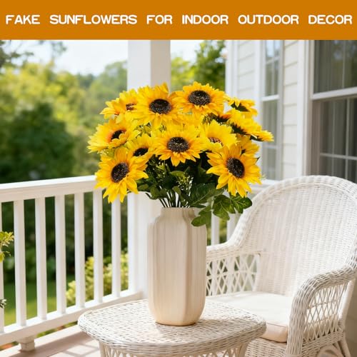 TURNMEON 28Pcs Sunflowers Artificial Flowers for Outdoors Summer Decor, 4 Pack Fake Flowers Silk Faux Sunflower Bouquet Mum Flowers Arrangement for Vase Wedding Table Indoor Home Fall Cemetery Decor
