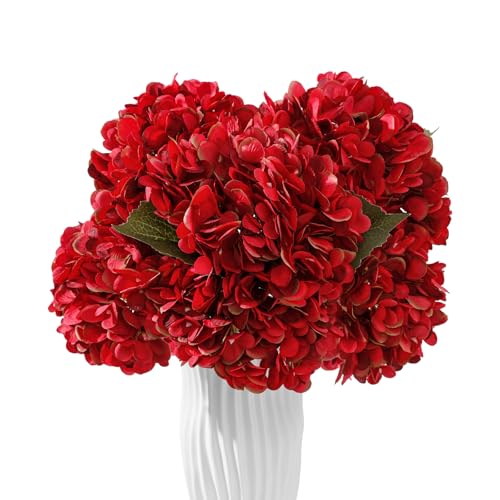 6PCS Realistic Artificial Silk Hydrangea Flowers, Premium Fake Hydrangea Flowers Bouquet with Stems, Full Faux Hydrangea Blooms for Home Wedding Table Party Office Decorations(Red) - color: Red
