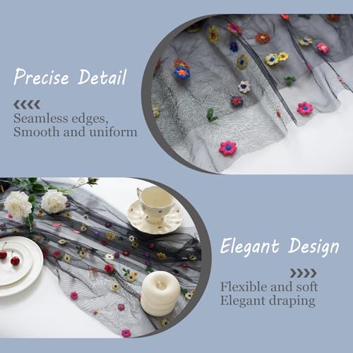 2PC Black Embroidery Daisy Table Runner 10ft 120 Inch Fall Florals Gauze Tulle Sheer Cheesecloth Holiday Kitchen Dining Table Decoration for Home Wedding Party Baby Shower Birthday Decorations - color: Black, size: 10ft x 2Pack