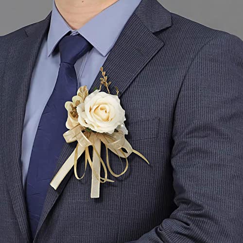 Beige Rose Wrist Flower Corsage & Boutonniere Set for Wedding Bride Bridesmaid Groom Groomsmen Parents Suit Lapel Pin Button Hole Flower for Prom Homecoming, Tea Party, Formal Dinner - color: Beige Set