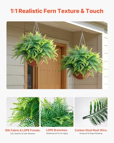 VEVOR Artificial Ferns, 2 Pcs Fake Hanging Boston Fern Bush Plant with 23 Inch Hanging Length, Plastic Faux Greenery for Indoor and Outdoor Decor, for Wall, Wedding Party, Home, Porch Garden, Office - size: 21.26 x 21.26 x 16.92 in