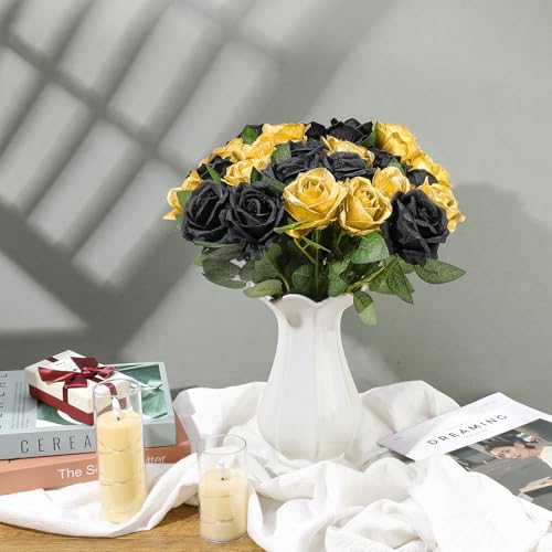 24 Pcs Black,Glod Rose Artificial Flowers with Long Stem Real Touch Silk Roses Bulk for Wedding, Party, Table Centerpieces Bouquet, Bridal, Home Decor - color: Glod,black