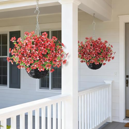 GLIDLION Artificial Flower & Eucalyptus with Hanging Basket - 2PCS Faux UV Sun Resistant Morning Glory in Planter, Fake Colorful Silk Flowers for Spring Summer Porch Patio Balcony Yard Decor (Red) - color: Red