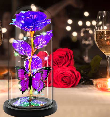 Mothers Day Rose Flower Gifts for Mom, Birthday Gifts for Women, Galaxy Crystal Light Up Rose Flowers in A Glass Dome, Mother Day Presents Wife Grandma Sister Her Mom from Daughter Butterfly Purple - color: A-purple