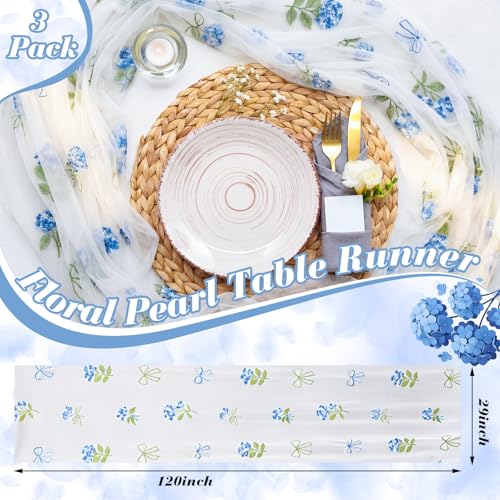 Mindsoft 3 Pcs Hydrangea Floral Table Runner 10ft Gauze Embroidery Blue Hydrangea Decor Flower Spring Summer Tulle Lace Table Runner for Wedding Bridal Baby Shower Holiday Dining Decor DIY - style: Hydrangea