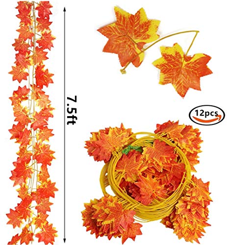 Fall Garland Maple Leaf, Hanging Vine Garlands Artificial Autumn Foliage Garland Thanksgiving Decor for Home Wedding Fireplace Party Christmas (Maple/12 Strands) - color: Maple/12 Strands
