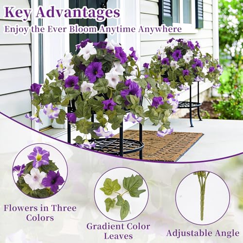 YOUNGLEAVES 2pcs Artificial Fake Petunia Flowers for Outdoor Decoration | Faux Realistic Floral Plants, UV-resistant realistic flower bouquet, Ideal for Garden Porch Balcony Home Wedding Party Decor - color: Purple White