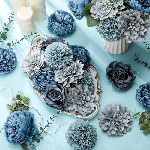 Suncalla 98 Pcs Artificial Flowers Bouquet Assorted Faux Flowers Heads with Stem Eucalyptus Leaves Silk Floral Table Centerpiece for DIY Wedding Party Wreath Home Decor(Dusty Blue) - color: Dusty Blue