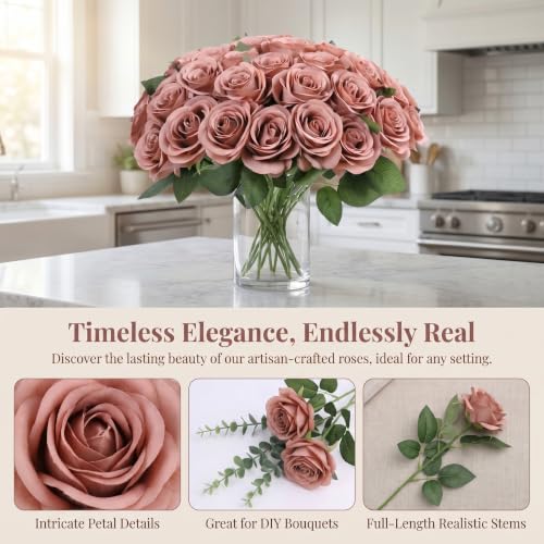 52pcs Dusty Rose Roses Artificial Flowers Fake Flowers Silk Roses with Stems for Wedding Party Bouquets Bridal Shower Centerpieces Floral Arrangements Party Decorations - color: Dusty Rose