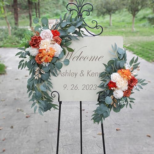 ponatia Wedding Arch Flowers (Pack of 2), Artificial Burnt Orange Wedding Flowers for Wedding Welcome Signs Decorations and Arch Flowers for Wedding Ceremony Reception (Burnt Orange & Ivory) - color: Burnt Orange & Ivory