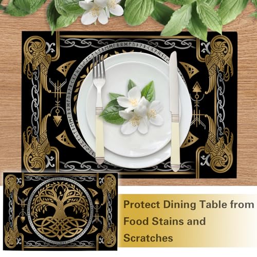 Viking Tree of Life Pagan Placemats Set of 4, Vintage Black Gold Raven Birds Celtic Style Dining Place Mats Table Decor, Retro Nordic Medieval Home Kitchen Decoration 12''x18'' - color: Viking Tree, size: Placemats 12''X18''