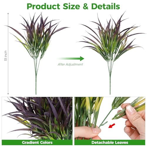 16 Pcs Artificial Plants Outdoor Fake Grass Faux Greenery Stems UV Resistant Plastic Plants Shrubs for Planters Patio Garden Front Porch Pathway Spring Summer Home Decor, Purple - color: Purple