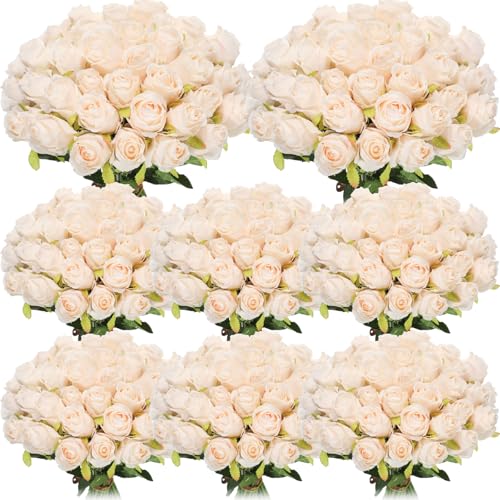 Hotop 80 Pcs Rose Artificial Flowers Bulk with Long Stem, Silk Roses Realistic Fake Flowers Bouquet for Wedding Table Centerpieces Bridal Shower Party Home Decorations(Beige) - color: Beige