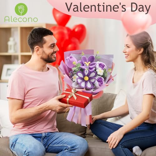 Alecono Crochet Flower Bouquet, Purple Knitted Flowers, Crochet Tulip Galsang Flower for Lover Anniversary Birthday Party Mother's Day Graduation Gifts (Include Card) - color: Purple, size: Large