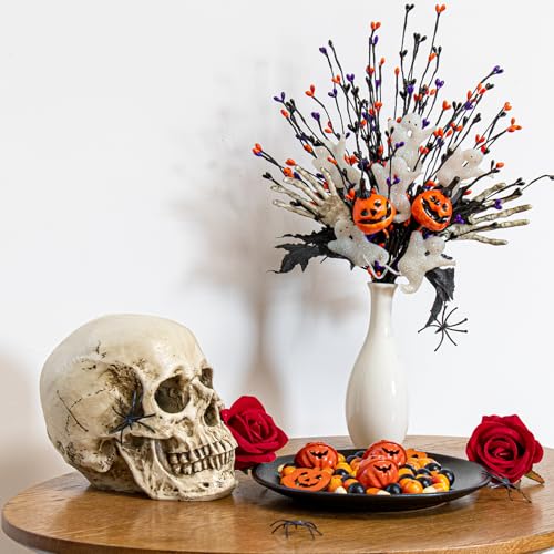 VioletEverGarden 10 Pack Halloween Stems 17 Inch Halloween Floral Picks 3 Styles Berry Branches with Pumpkin Skeleton and Ghost for Gothic Holidays Celebration