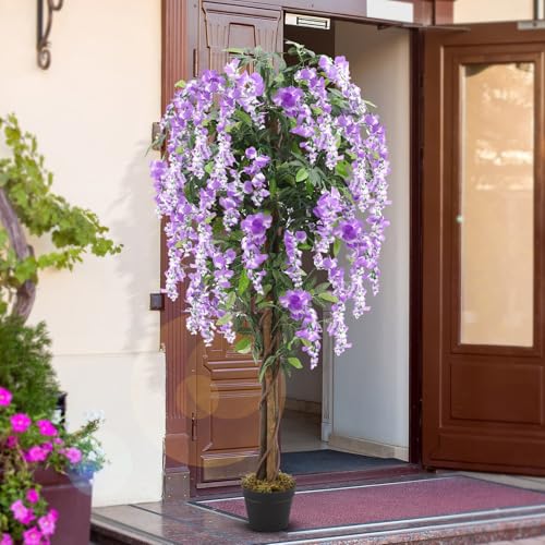 Thiccywoov 1 Pack 5ft Artificial Wisteria Tree Tall Fake Tree with Cement Base Pot Faux Floor Plant Decoration for Indoor Outdoor Home Office Housewarming Gift - color: Natural Green Leaves With Purple Flowers