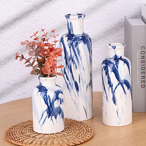 Blue Ceramic Vase Set - 3 Decorative Navy Blue and White Vase for Centerpieces, Farmhouse and Home Decor - Ideal for Living Room, Kitchen, Bedroom, Dining Table and Office Decor - color: Blue & White